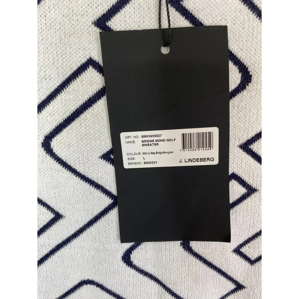 NWT J.Lindeberg Bridge Swirl Monogram Golf Sweater, Large, Navy White, 195$